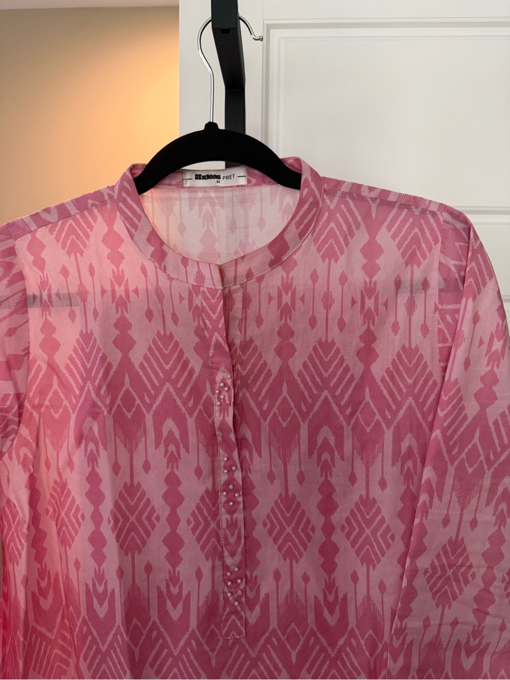 Pink Printed Long-Sleeve Tunic Dress with Button Placket